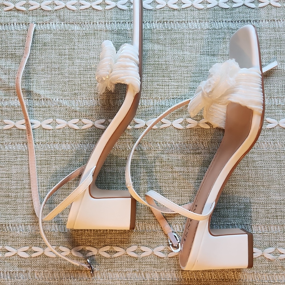 White Bow Knot Chunky Block Heeled Ankle Sandals, Open Toe, 10 - Picture 16 of 16